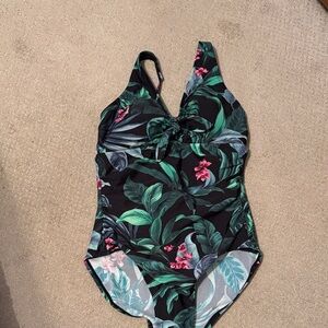 Kona Sol Black and Floral One-Piece Swimsuit
